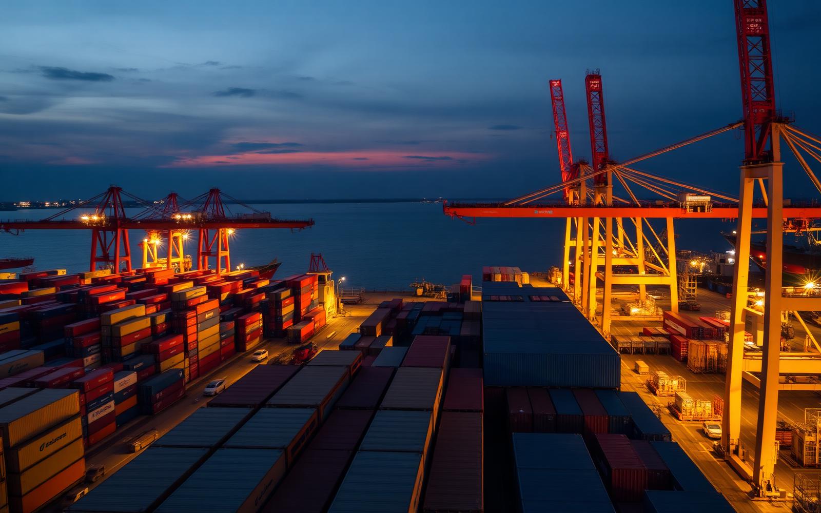 Container terminal at dusk in Durban, South Africa